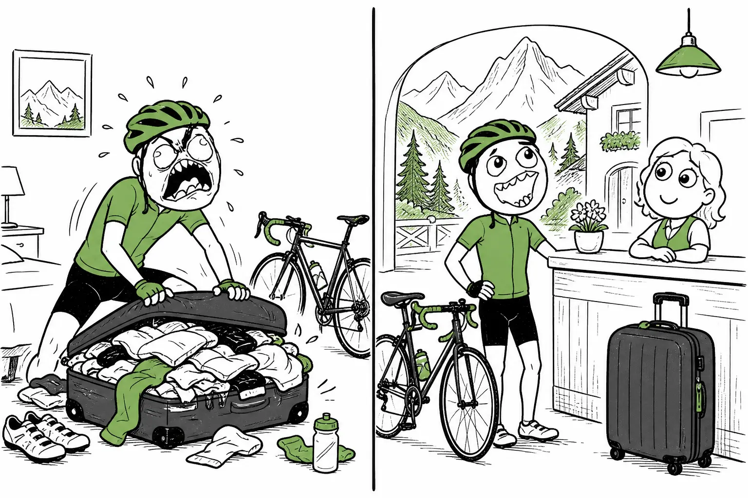 Due vignette rage comics: un ciclista fatica a chiudere la valigia, poi sorride trovandola alla reception di un hotel alpino.