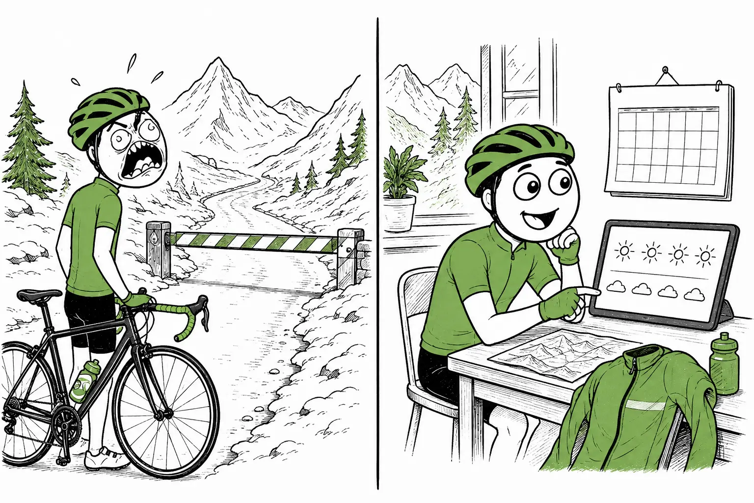 Vignette rage comics: ciclista sorpreso davanti a un passo chiuso per neve e poi intento a controllare calendario e meteo.