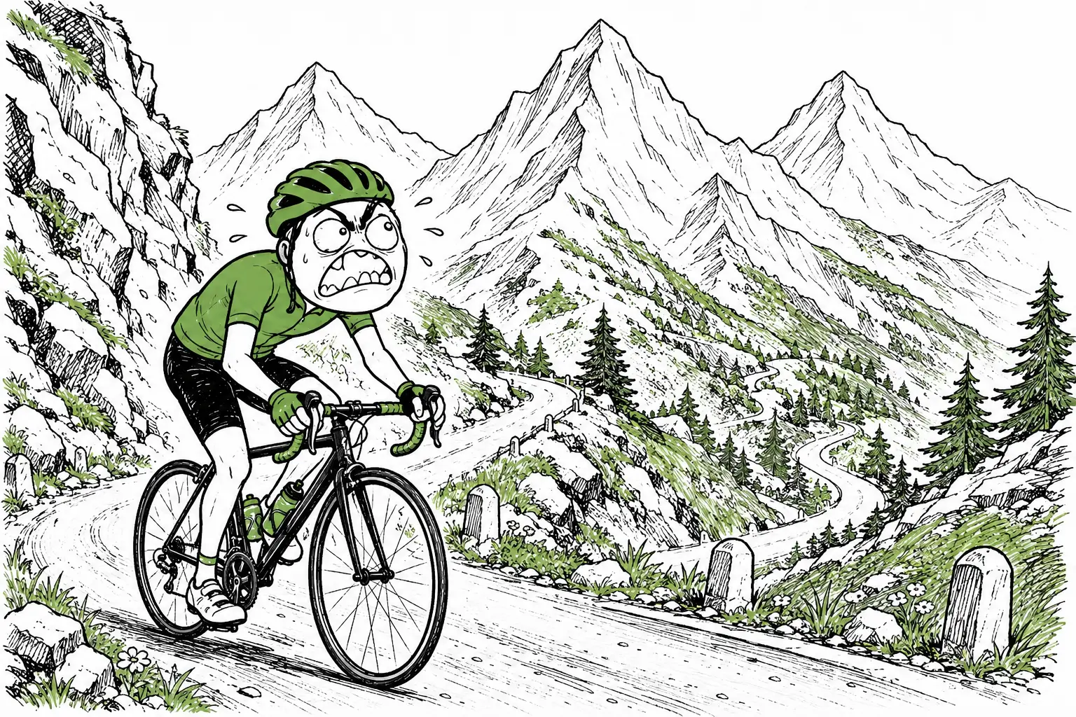 Ciclista in stile rage comics in allenamento su una salita alpina.