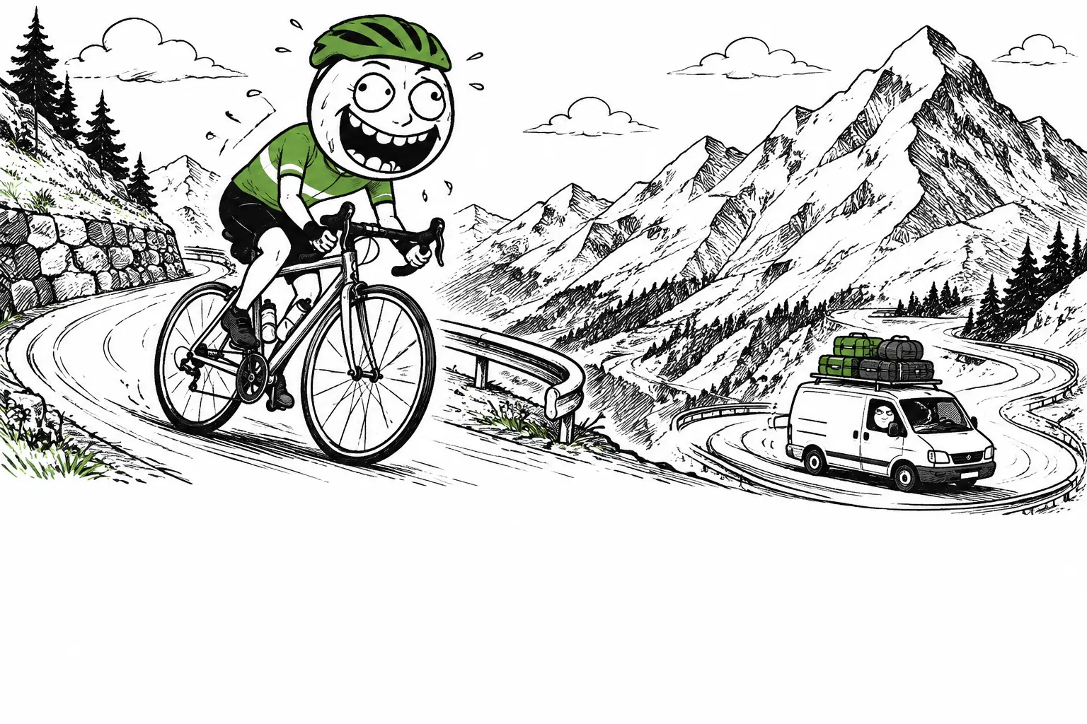 Ciclista in stile rage comics sulle Alpi con trasporto bagagli.