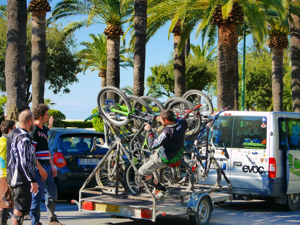 Preparing bikes on the shuttle trailer